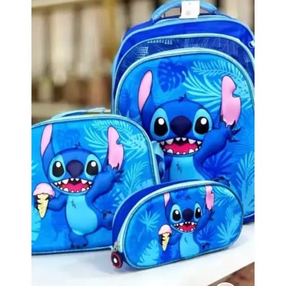 Kit Mochila+Lancheira+Estojo 3D Infantil Lilo&Stitch| Stitch Sorvetetinho Azul Rodas Ou Costas