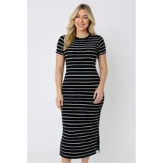 Vestido Midi Feminino no viscolaycra  Listrado com Fenda Lateral