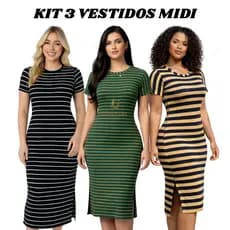 Kit 3 Vestidos Midi Listrados Femininos com Fenda Lateral Casual Moderno Estilosos Elegantes