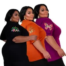Kit 3 Blusa Plus Size Feminina Manga Bufante com Detalhe de Borboletas