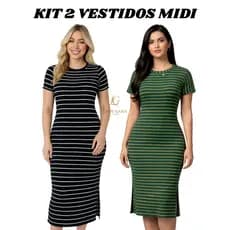 Kit 2 Vestidos Midi Listrado Feminino com Fenda Lateral Várias Cores Casual Moderno Moda Feminina