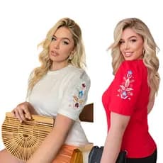 Kit 2 Blusas Femininas Premium Manga Bufante Bordada em Algodão com Elastano