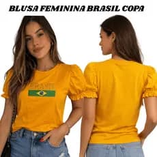 Camisa Feminina Brasil Amarela Manga Bufante Blusa Estampa do Brasil Casual Seleção Copa do Mundo