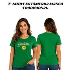 Blusa Feminina Baby Look 100% Algodão Manga Curta Tradicional Estampa Termocolante Gratidão