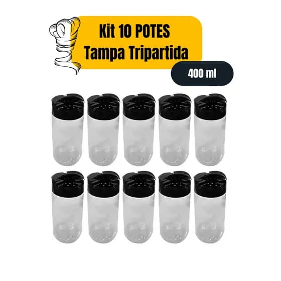 Kit 10 Potes Para Temperos Redondo Tripartido - 400ml PET