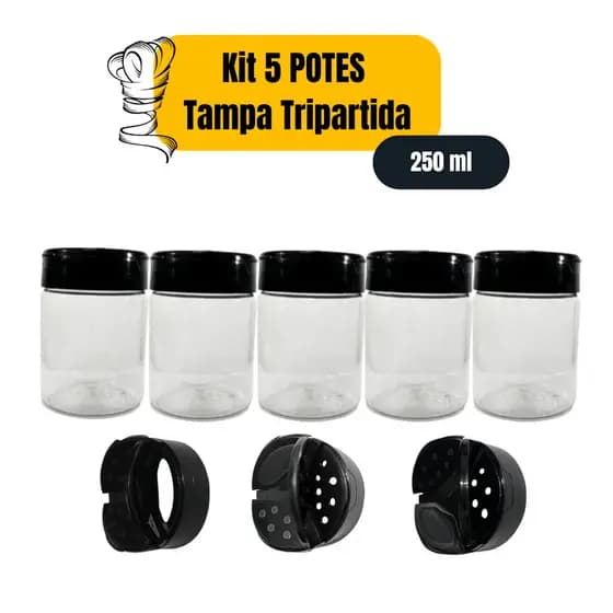 Kit 5 Potes Para Temperos Redondo Tripartido - 250ml PET