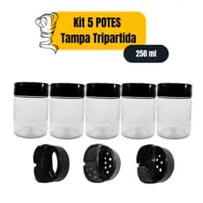 Kit 5 Potes Para Temperos Redondo Tripartido - 250ml PET