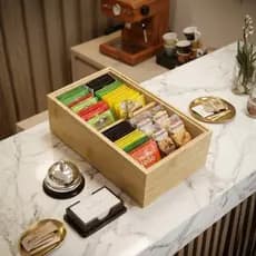 Porta Chá Organizador de Bambu com Tampa Cristal Multiuso Divisórias Café Chás Mesa Posta