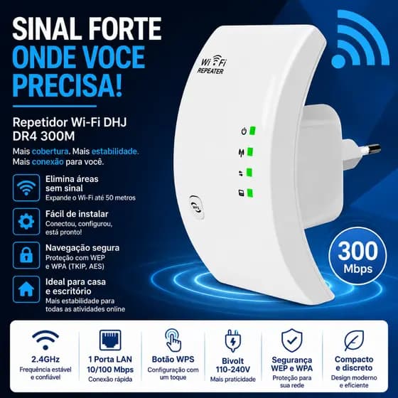 Repetidor de Sinal WiFi 300Mbps Bivolt 2.4GHz WPS Amplificador de Internet Wireless DHJ DR4