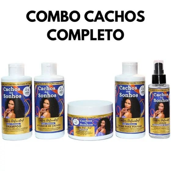 Combo Cachos dos Sonhos 5 em 1 Shampoo Ativador de Cachos Creme para Pentear Máscara Hidratação Sérum – Cachos Definidos