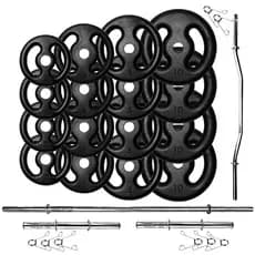 Kit 80Kg Anilhas de Ferro com Barras 40cm e 150cm + Barra W 1.20m