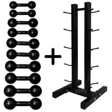 Kit Halteres Emborrachados Pretos Pares 2. 4. 6. 8 e 10Kg + Suporte de Chão Preto