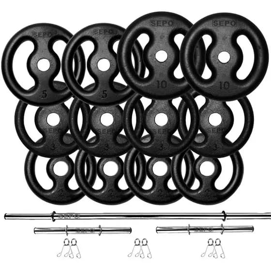 Kit Anilhas Ferro 50kg + 2 Barras 40cm + 1 Barra 120cm