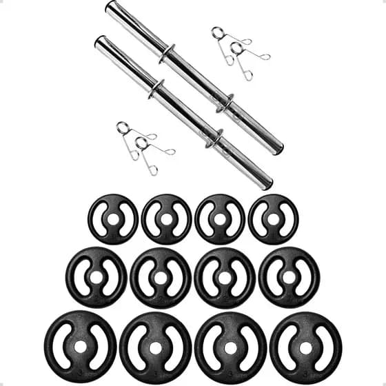 Kit Halteres 24Kg em Anilhas Ferro 1Kg 2Kg 3Kg com 2 Barras 40Cm Aço Exercício Academia Treino Casa