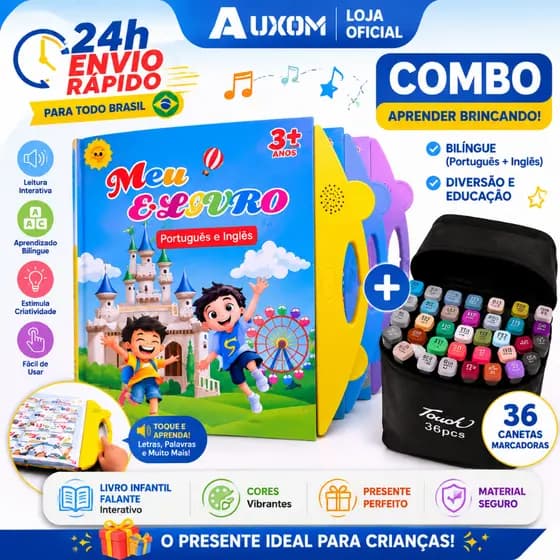 Livro Infantil Falante Bilíngue Português/Inglês + 36 Canetas Marcadoras, Educativo Interativo com Som