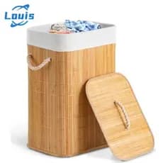 Louis Cesto De Roupa Suja Bambu 72 Litros Lavanderia Com Tampa e Alças Forrado Grande Organizador Banheiro