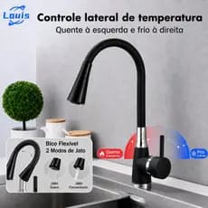 Louis Torneira Preta Flexível com Duplo Jato - Cabo Ajustável Manualmente que mantém a forma