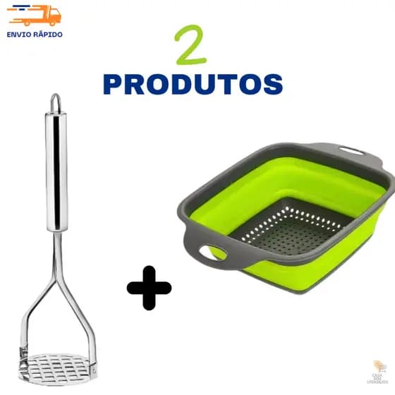 Kit Amassador  de Batatas Inox + Escorredor de Alimentos Retrátil de Silicone Cozinha