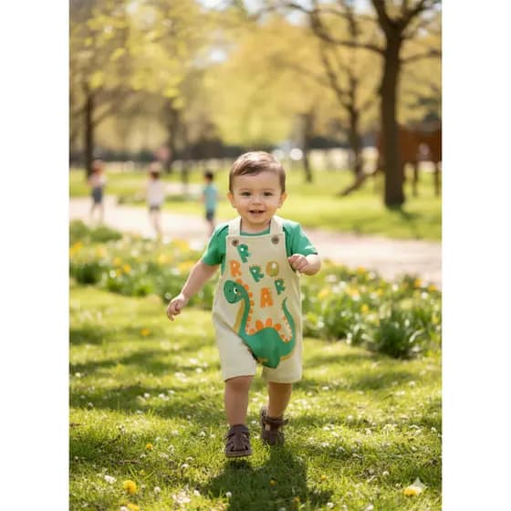 Conjunto Jardineira Bebê Menino Suedine Dinossauro