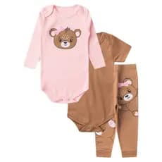 Kit Body Bebê Menina Suedine Ursinha Rosa