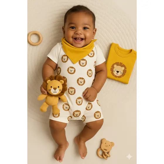 Kit Macacão Bebê Menino Verão Romper, Banho de Sol em Algodão com Estampa Leão
