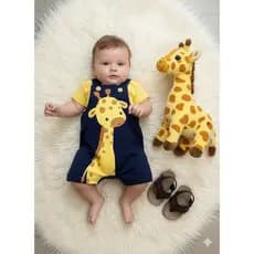 Conjunto Jardineira Bebê Menino Suedine Bebê Girafa