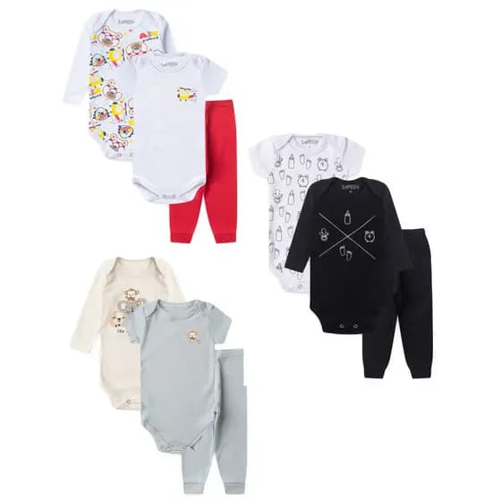 KIT 3 CONJUNTOS 9 PEÇAS BEBÊ MENINO BODY E CALÇA SUEDINE