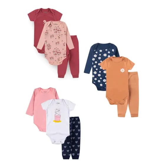 KIT 3 CONJUNTOS 9 PEÇAS BEBÊ MENINA BODY E CALÇA SUEDINE