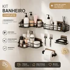 Kit 7 Peças Prateleiras  Para Banheiro Preto Fosco Porta Shampoo Organizador De Canto Com Adesivo