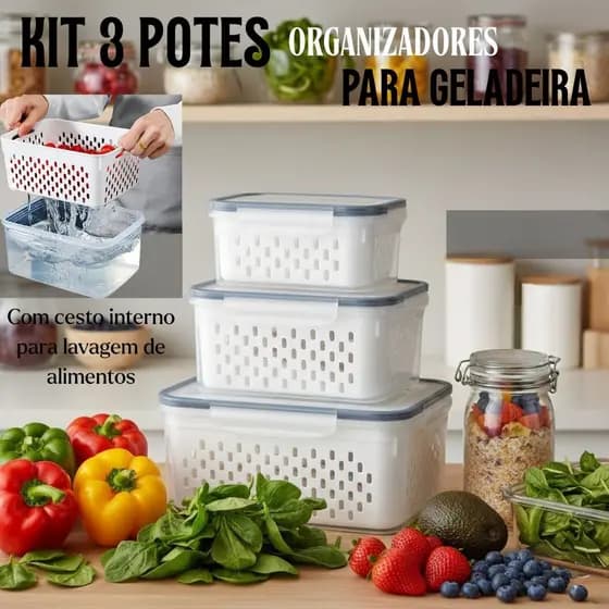 Organizador de Geladeira com 3 Cestos Organizador de Alimentos e Vegetais Cozinha Moderna