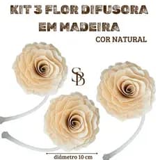 kit 3 flor madeira com cordão para difusor tamanho médio 10 cm artesanal