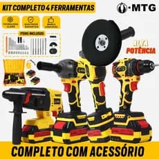 Kit 4 em 1 Furadeira Parafusadeira Esmerilhadeira Martelo Brushless 2 Baterias 1.5Ah c/39 Acessórios