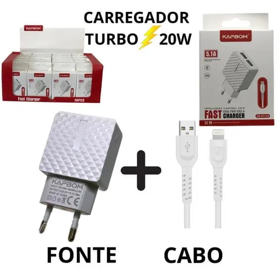 Kit Carregador de Iphone Original Turbo Fonte 20W 5.1 + Cabo de iPhone Lightining Carregamneto rapido Completo Kapbom