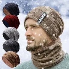 Gorro Masculino 2 peças, Boné de Esqui e Cachecol, Chapéus de Lã Quentes para o Inverno, Gorros de Malha Canelada para C