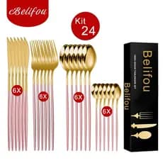 Belifou Kit 24 Jogo De Talheres Aço Inoxidável Rosa Dourado Resistente ao Desbotamento