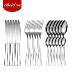 Belifou Kit 24 Peças Jogo De Talheres Inox Faqueiro Completo Colher Garfo Faca Para Jantar Cozinha Luxo