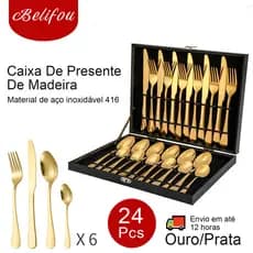 Belifou Kit 24 Peças Jogo De Talheres Dourados Aço Inoxidável Caixa De Madeira