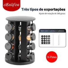 Belifou Porta Temperos Giratório Com 9/12/16 Potes De Vidro Tampa Dosadora Preto
