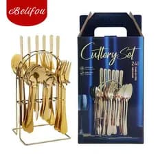 Belifou Kit 24 Conjunto De Talheres De 24 Peças Conjunto De Faca E Garfo Dourado Com Suporte