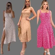 Vestido Midi de Alças Grossas Feminino com Fenda Lateral Ajuste nas Costas