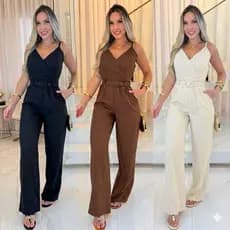 Macacão Feminino Alfaiataria com Cinto e Bolsos Moda Verão 2025