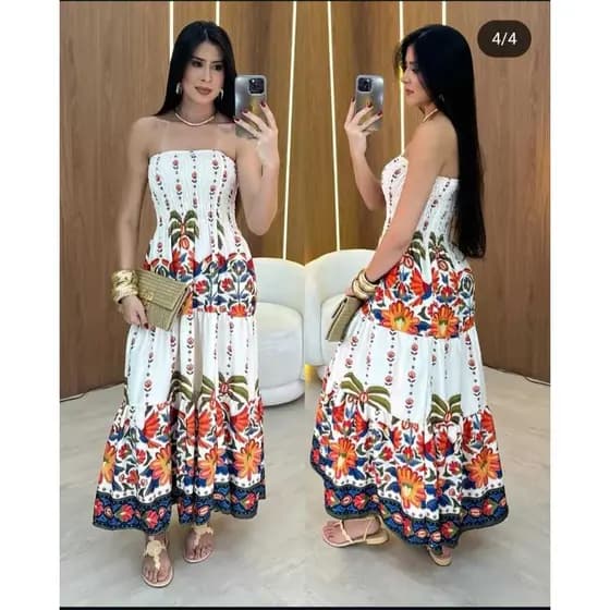 Vestido Longo Tomara que Caia Estampado Floral Elegante Festa Praia Estilo Boêmio
