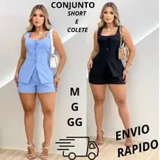 Conjunto de Short e Colete Alfaiataria Feminina Chique Estiloso Moda Verão