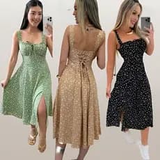 Vestido Feminino Mídi Romântico Estampa Floral |  Fenda lateral Laço no Busto | Tendencia Moda