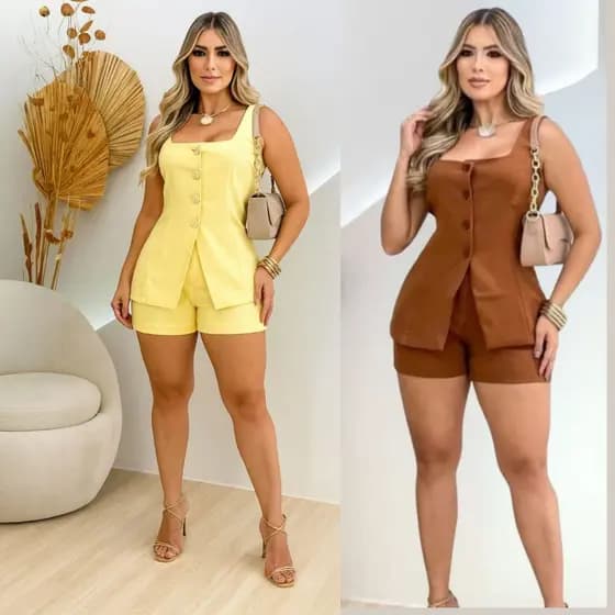 Conjunto Short e Colete Alfaiataria Feminino Fashion Tendência Moda Verão