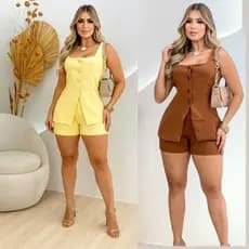 Conjunto Short e Colete Alfaiataria Feminino Fashion Tendência Moda Verão