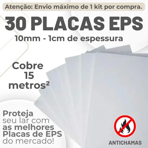 KIT 30 PLACAS EPS ANTICHAMAS TÉRMICO ACÚSTICO ESPESSURA 10MM (1cm) PACOTE 30 UNIDADES 100x50x1cm