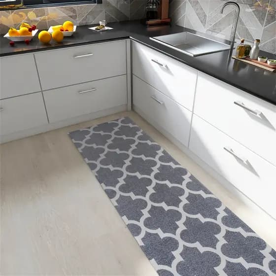 Tapete Passadeira 1,30m x 45cm para Cozinha Cinza Geométrico Moderno Antiderrapante