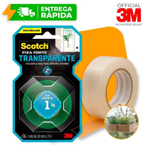 Fita Dupla Face 3M Transparente Fixa Forte 24mm X 2m Para Vidro Fixa Quadro Espelho Chave 5kg Scoth
