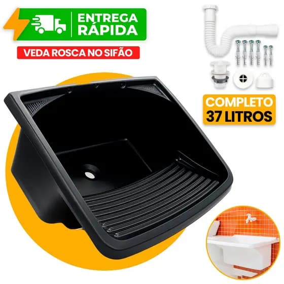 Tanque 37L com Kit Instalação Completo Sifão Veda Rosca Pia Lavanderia Lavar Roupa Reforçado Metasul